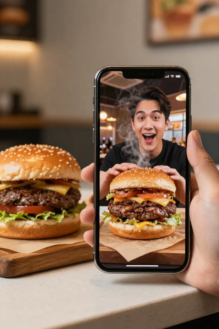 vídeo de hambúrguer — exemplo criado na Influenciador IA