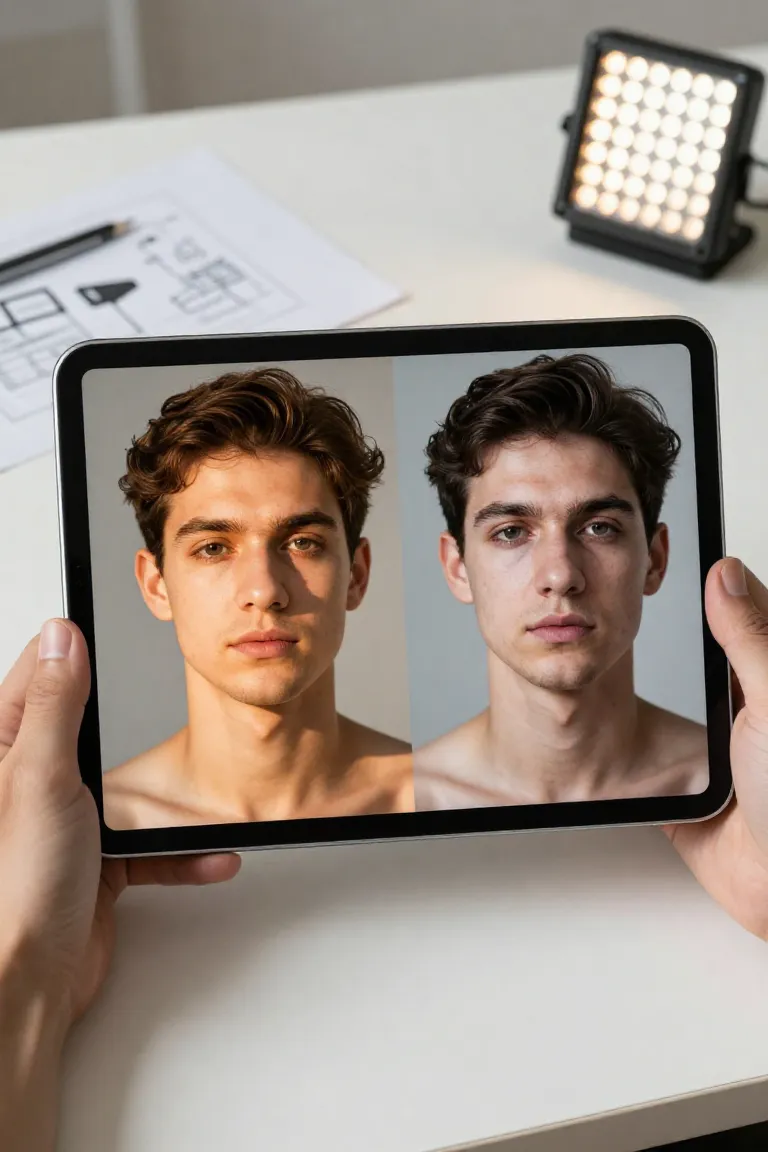 troca de rosto com ajuste de iluminacao — exemplo criado na Influenciador IA